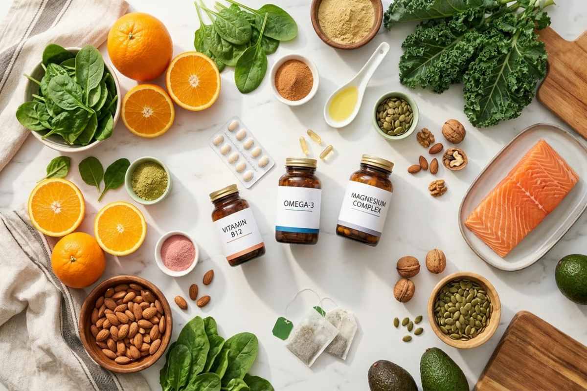 4. Vitamine si minerale pentru oboseala si suplimente nutritive_Aranjament de vitamine, suplimente si alimente nutritive pentru combaterea oboselii cronice