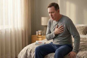 5. Simptome si semne de alarma ale cardiomiopatiei_Persoana prezentand simptome caracteristice cardiomiopatiei, oboseala extrema si dificultati de respiratie