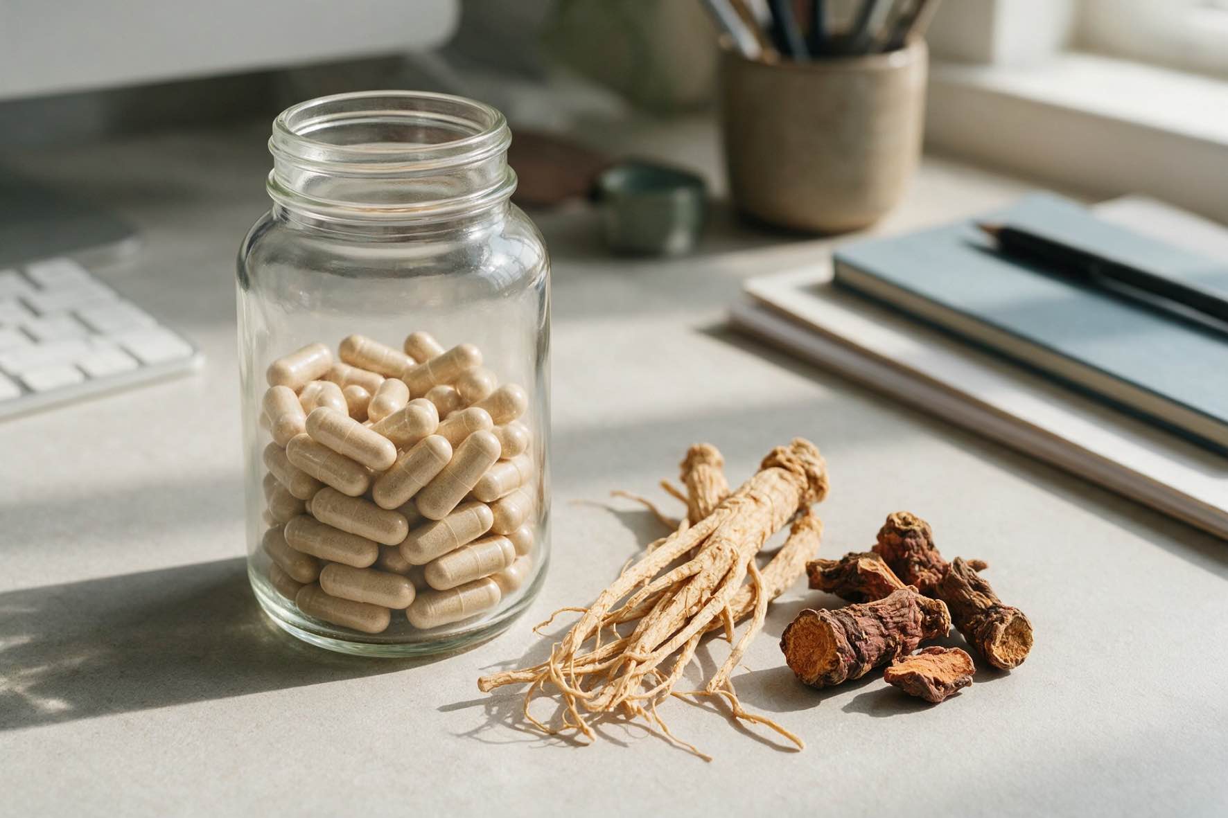 Ginseng vs. Rhodiola (borcan cu suplimente pentru vitalitate, radacini de ginseng si rhodiola, birou personal)